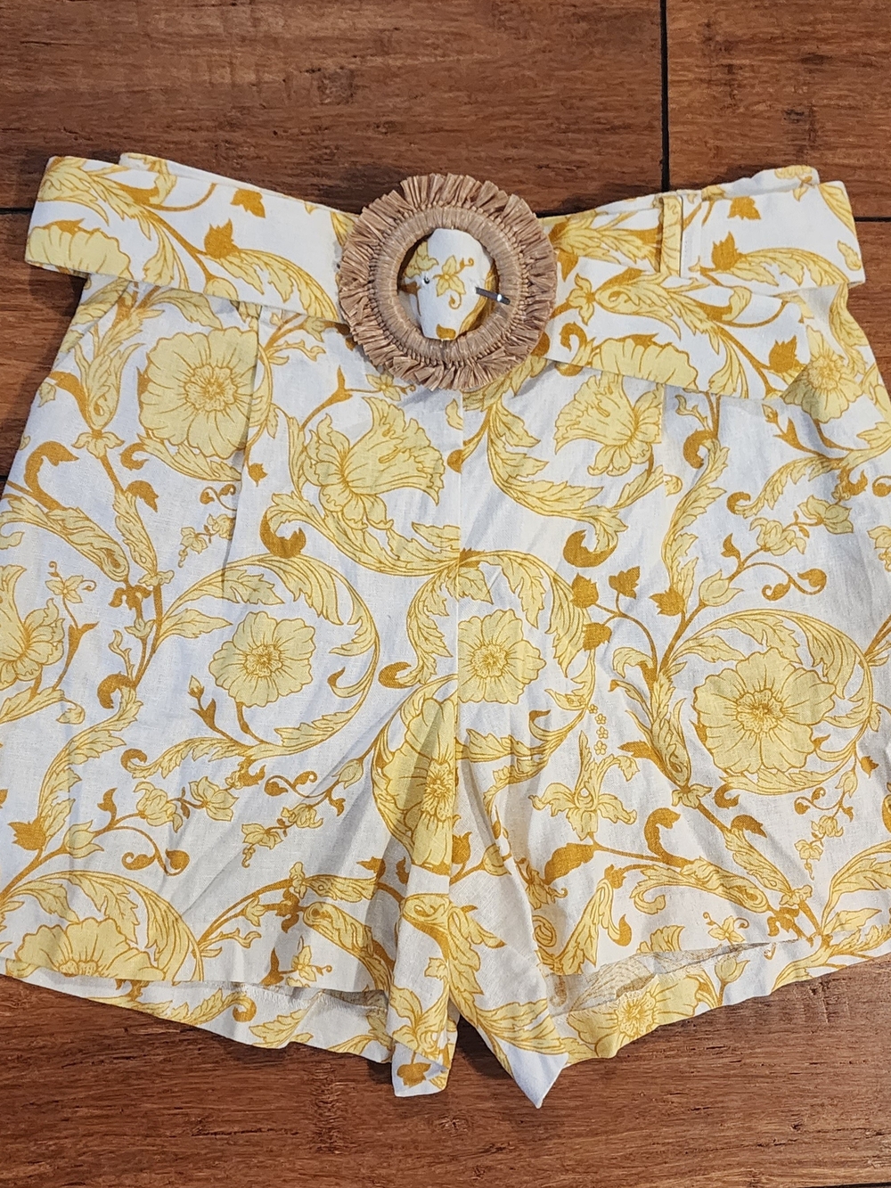 Women's Yellow Floral Belted Linen-Blend Shorts